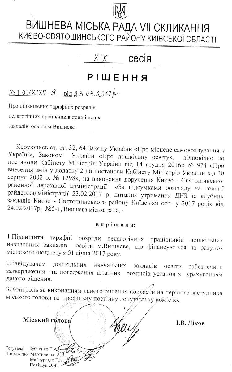 РІШЕННЯ ХIХ СЕСІЇ VIІ СКЛИКАННЯ від 23.03.2017 року